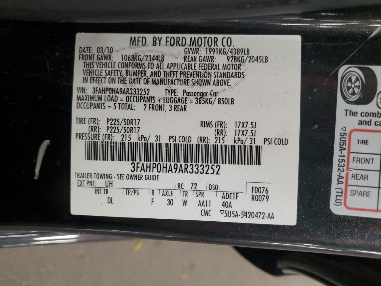 2010 Ford Fusion Se VIN: 3FAHP0HA9AR333252 Lot: 86291675