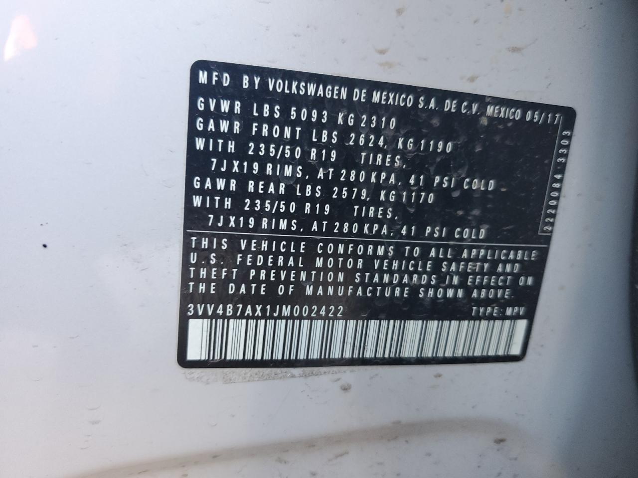 2018 Volkswagen Tiguan Sel Premium VIN: 3VV4B7AX1JM002422 Lot: 82665755