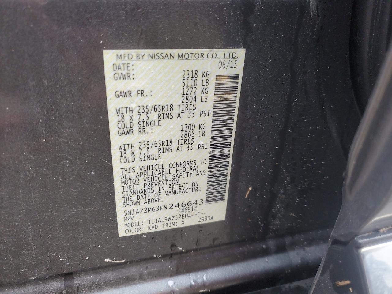 2015 Nissan Murano S VIN: 5N1AZ2MG3FN246643 Lot: 89804215