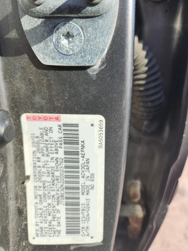 2002 Toyota Camry Le VIN: JTDBE32K220023762 Lot: 85343375