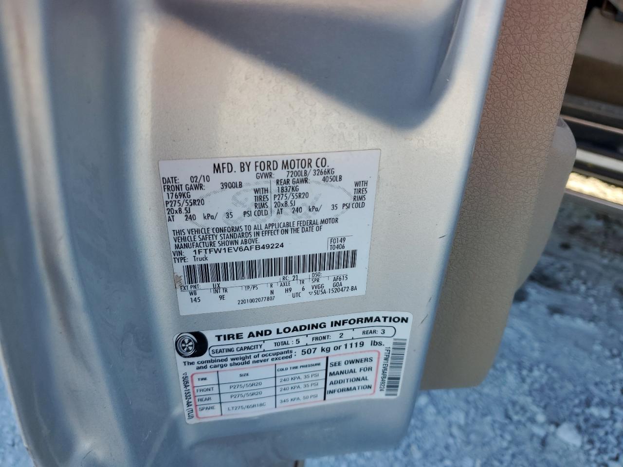 2010 Ford F150 Supercrew VIN: 1FTFW1EV6AFB49224 Lot: 82528285