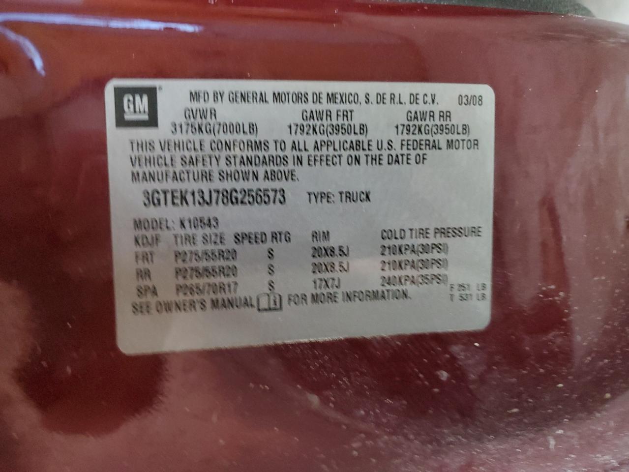 2008 GMC Sierra K1500 VIN: 3GTEK13J78G256573 Lot: 85389755