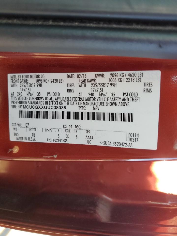 2016 Ford Escape Se VIN: 1FMCU0GXXGUC38036 Lot: 85913645