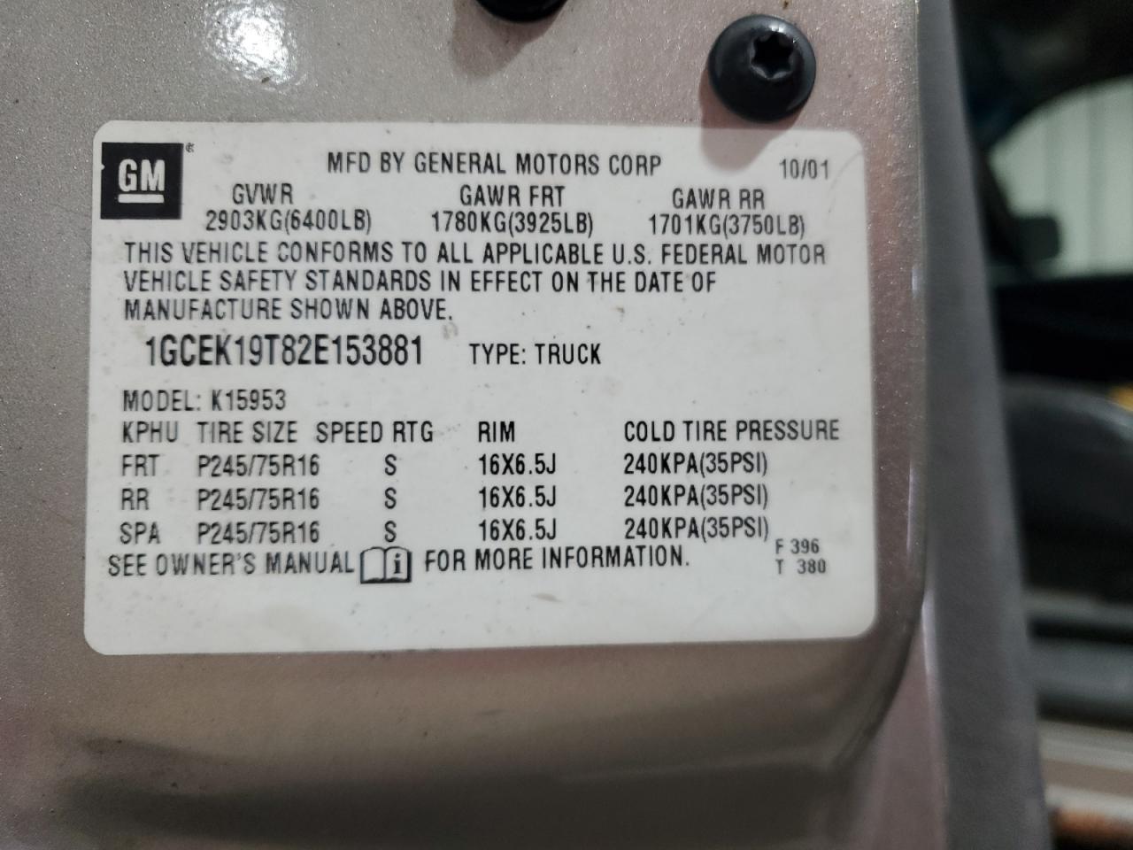 2002 Chevrolet Silverado K1500 VIN: 1GCEK19T82E153881 Lot: 85535435