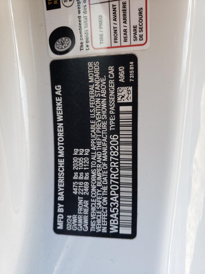 2024 BMW 430I VIN: WBA53AP07RCR78206 Lot: 85271605