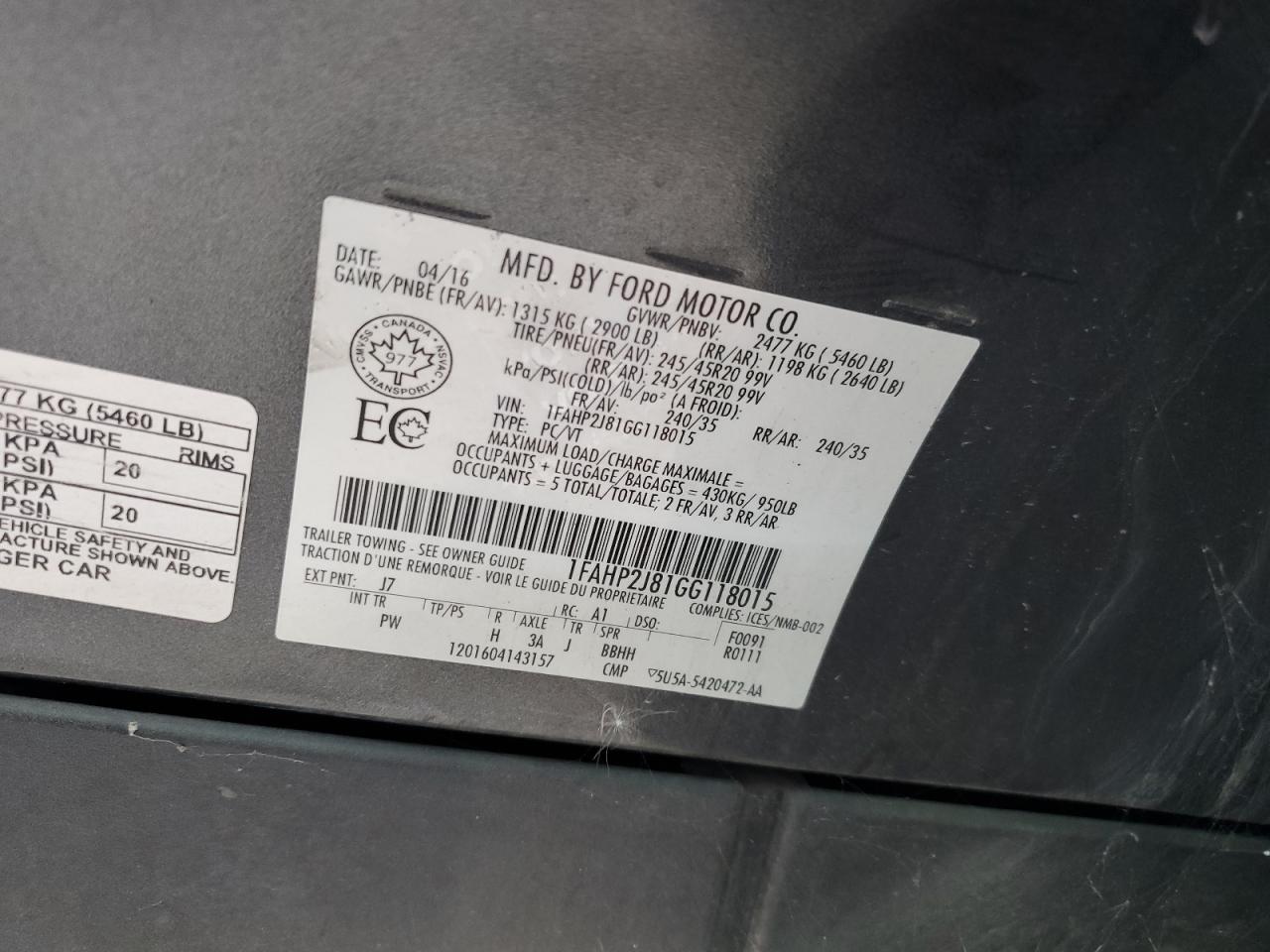 2016 Ford Taurus Limited VIN: 1FAHP2J81GG118015 Lot: 84558885