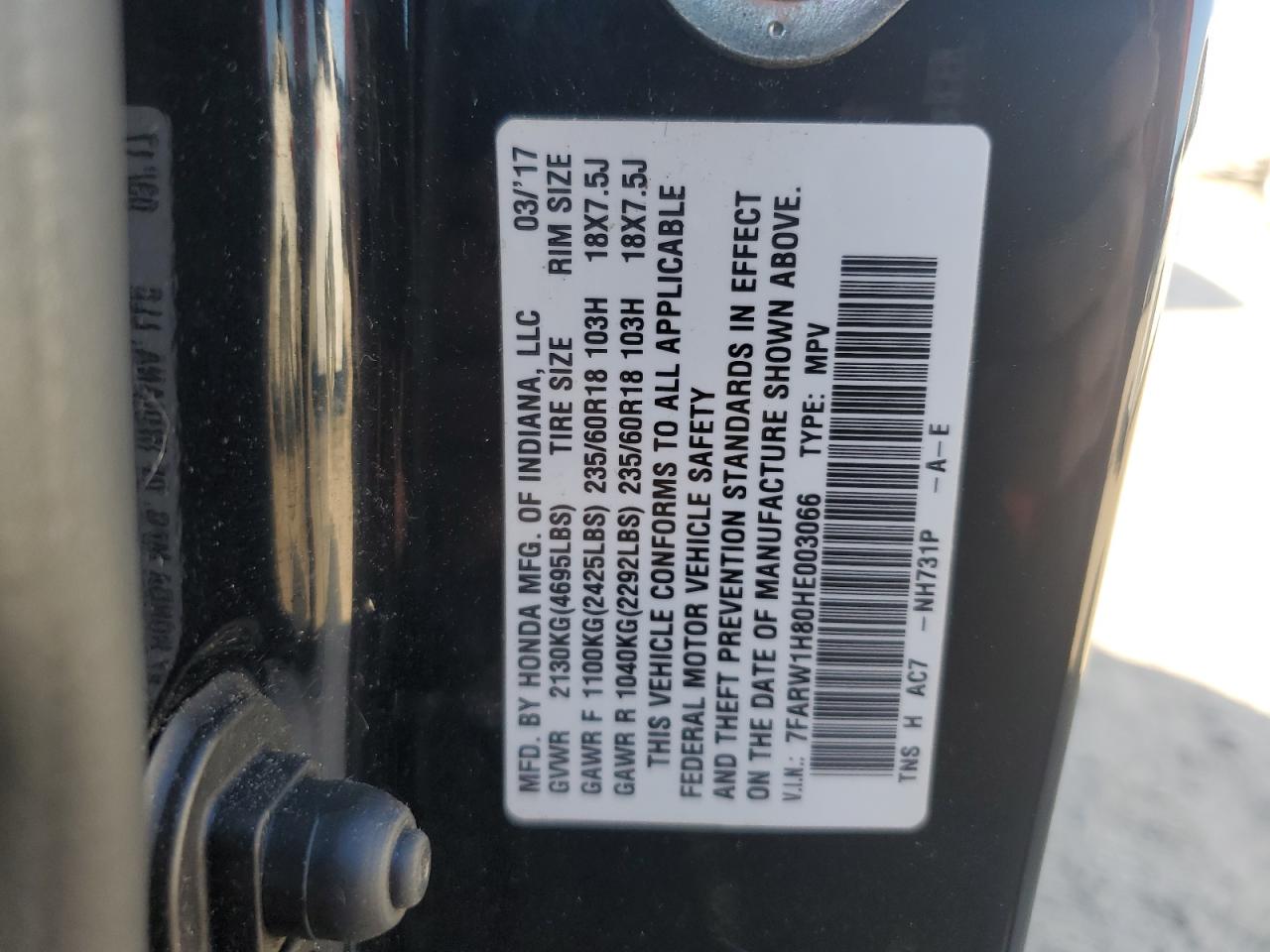 2017 Honda Cr-V Exl VIN: 7FARW1H80HE003066 Lot: 82615775