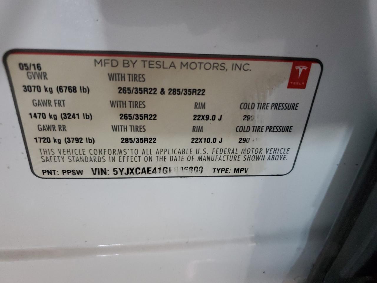 2016 Tesla Model X VIN: 5YJXCAE41GF006800 Lot: 89734395