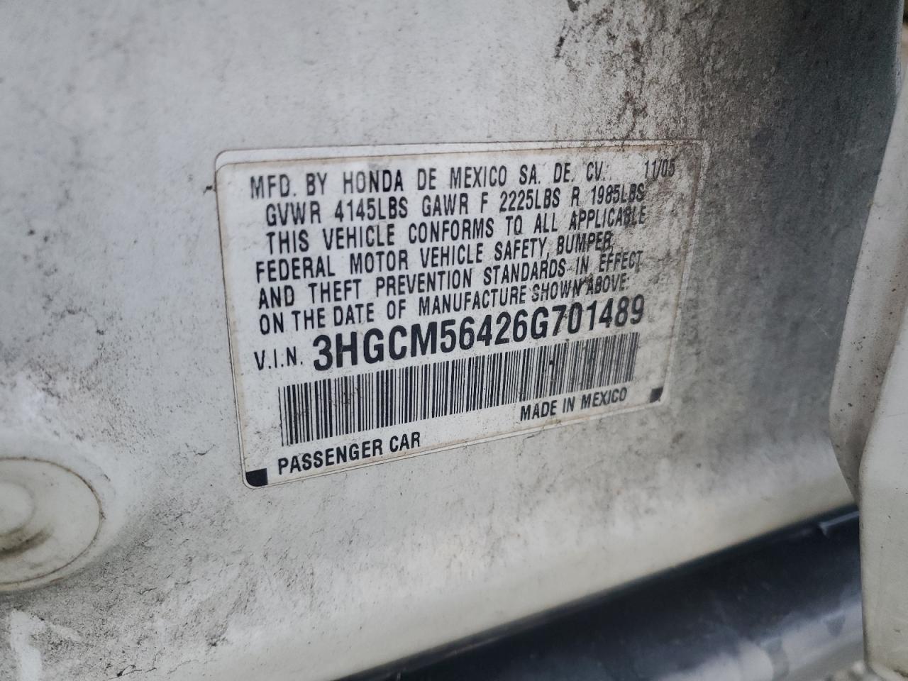 2006 Honda Accord Lx VIN: 3HGCM56426G701489 Lot: 82003765