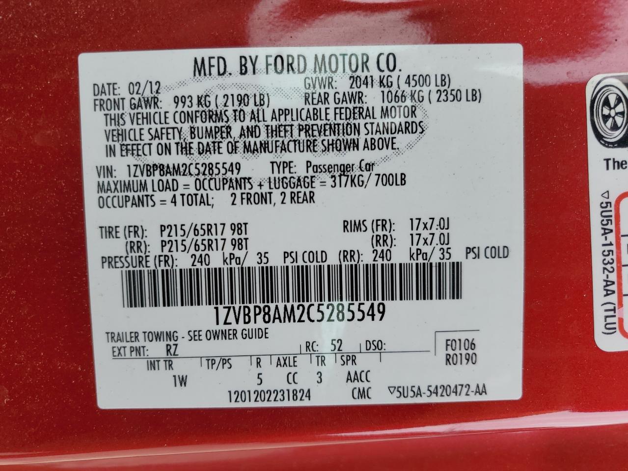 2012 Ford Mustang VIN: 1ZVBP8AM2C5285549 Lot: 90614825