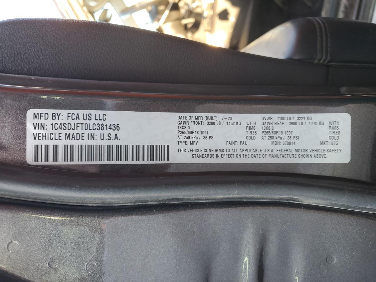 2020 Dodge Durango Ssv VIN: 1C4SDJFT0LC381436 Lot: 95243675