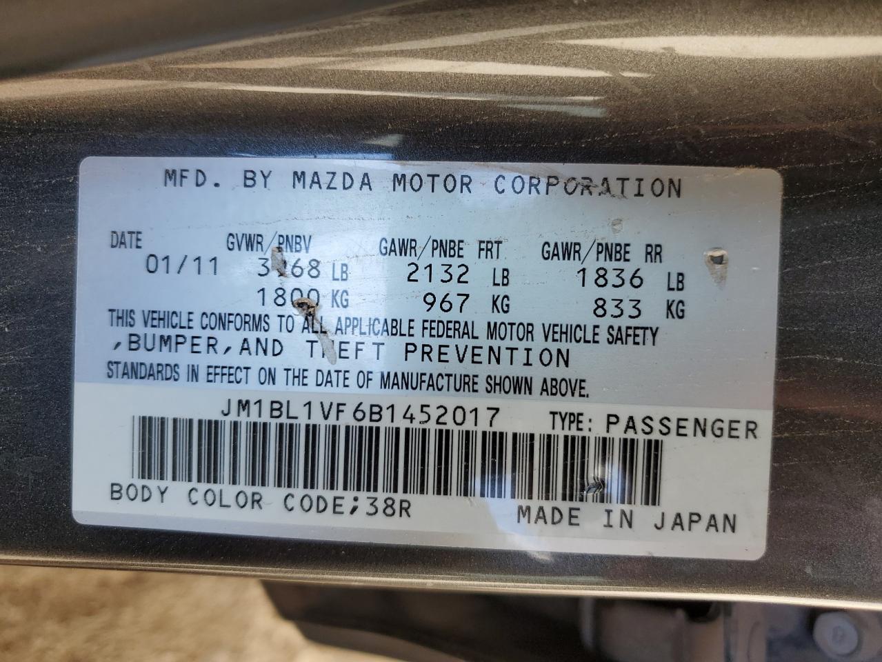 2011 Mazda 3 I VIN: JM1BL1VF6B1452017 Lot: 86809195