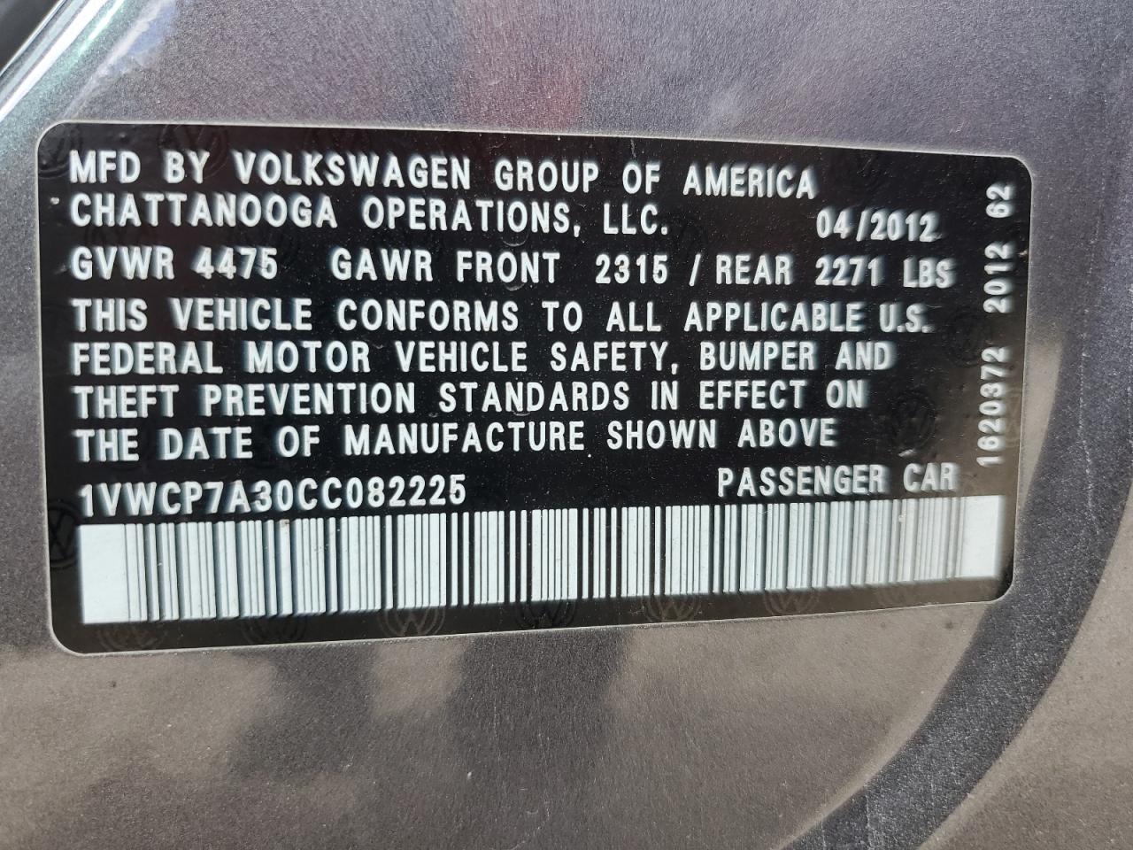 2012 Volkswagen Passat Sel VIN: 1VWCP7A30CC082225 Lot: 89653975