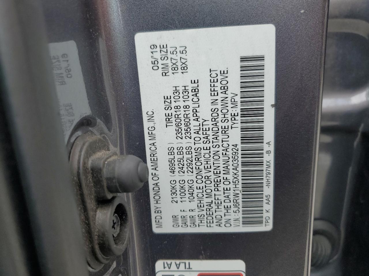 2019 Honda Cr-V Ex VIN: 5J6RW1H5XKA035924 Lot: 86586635