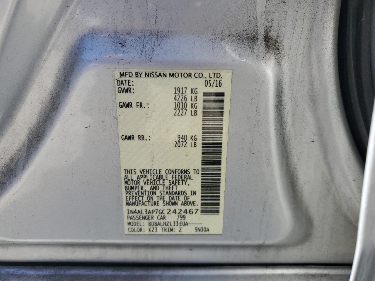 2016 Nissan Altima 2.5 VIN: 1N4AL3AP7GC242467 Lot: 86184905