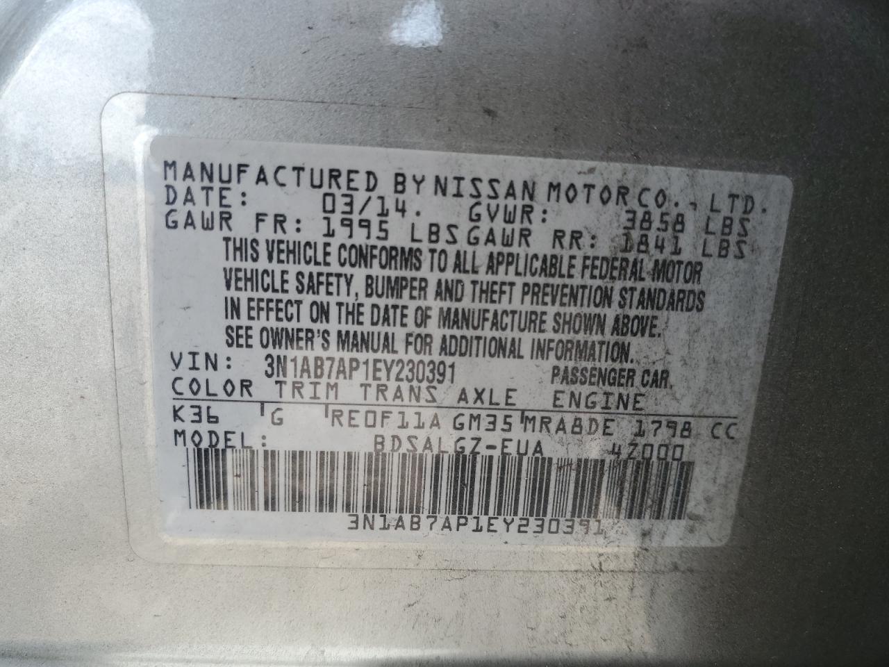 2014 Nissan Sentra S VIN: 3N1AB7AP1EY230391 Lot: 86984965
