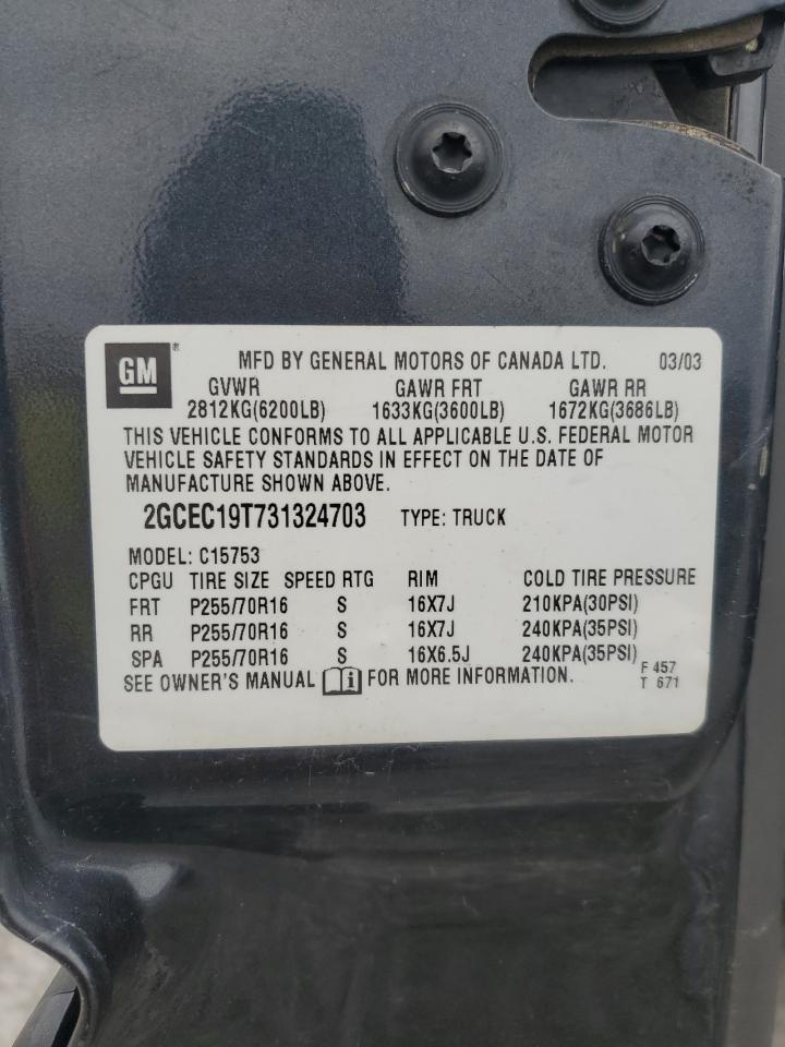 2003 Chevrolet Silverado C1500 VIN: 2GCEC19T731324703 Lot: 82708225