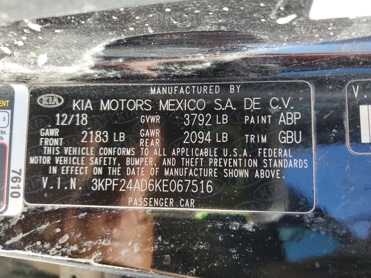 2019 Kia Forte Fe VIN: 3KPF24AD6KE067516 Lot: 82378925
