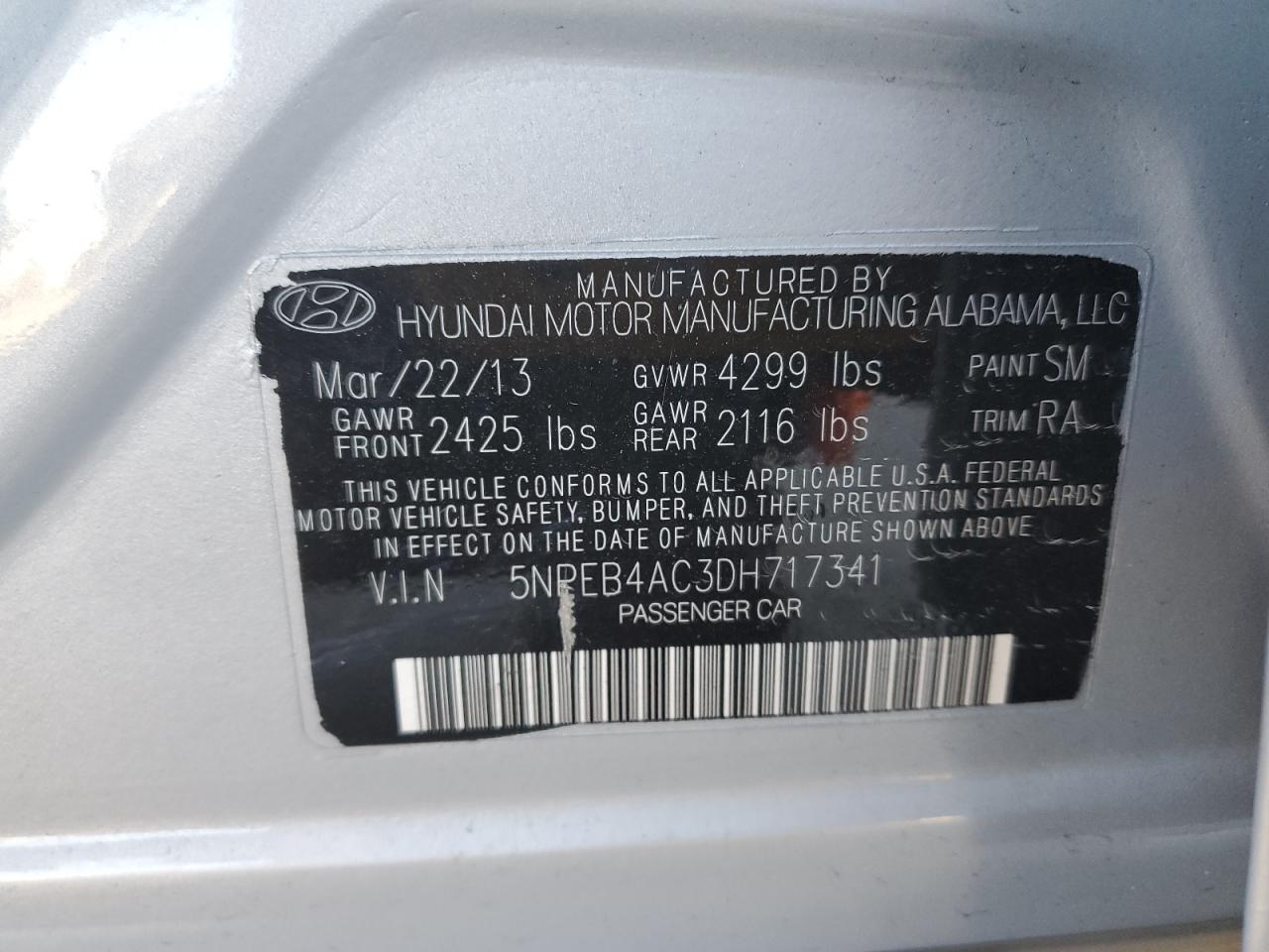 2013 Hyundai Sonata Gls VIN: 5NPEB4AC3DH717341 Lot: 90428625