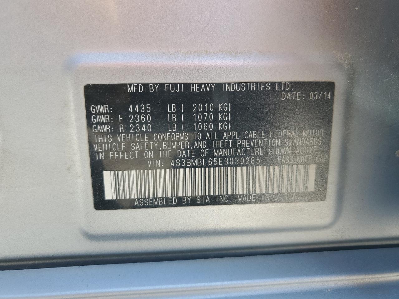 2014 Subaru Legacy 2.5I Limited VIN: 4S3BMBL65E3030285 Lot: 86285565