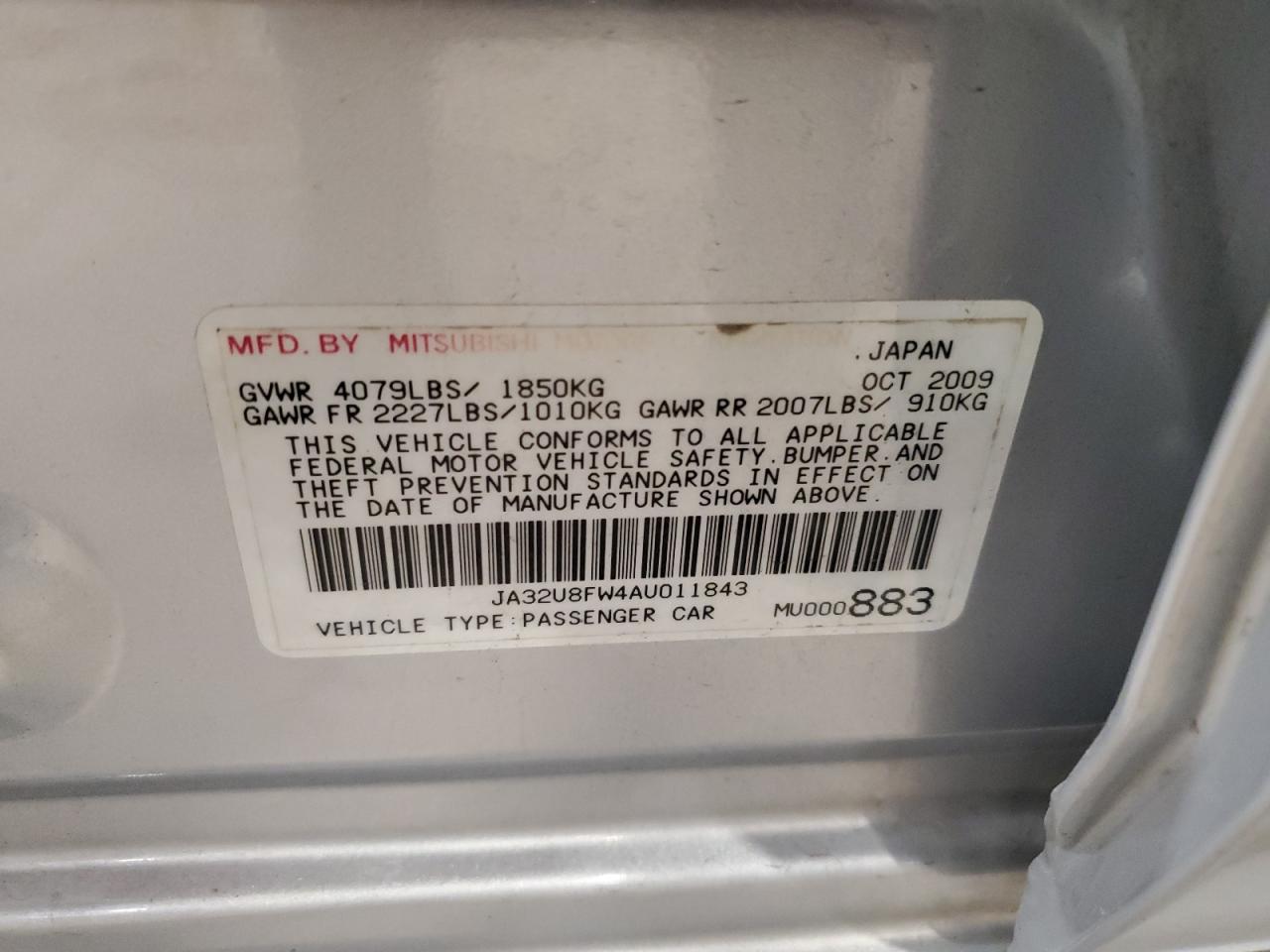 2010 Mitsubishi Lancer Gts VIN: JA32U8FW4AU011843 Lot: 90340865