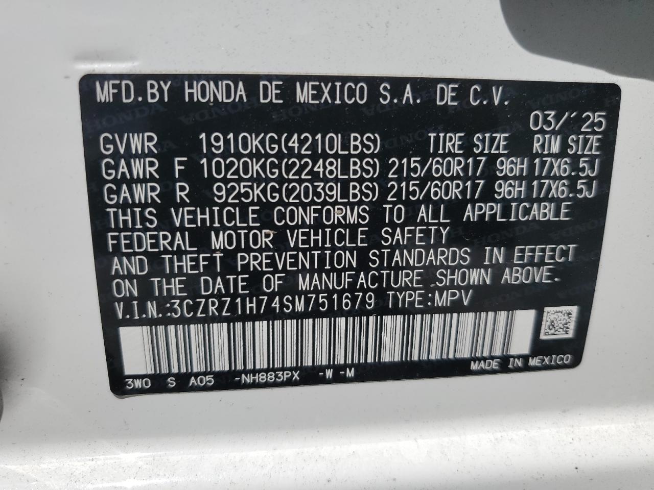 2025 Honda Hr-V Exl VIN: 3CZRZ1H74SM751679 Lot: 85380265