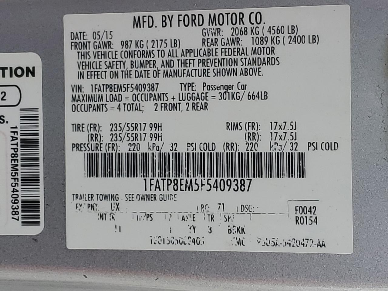 2015 Ford Mustang VIN: 1FATP8EM5F5409387 Lot: 86250225