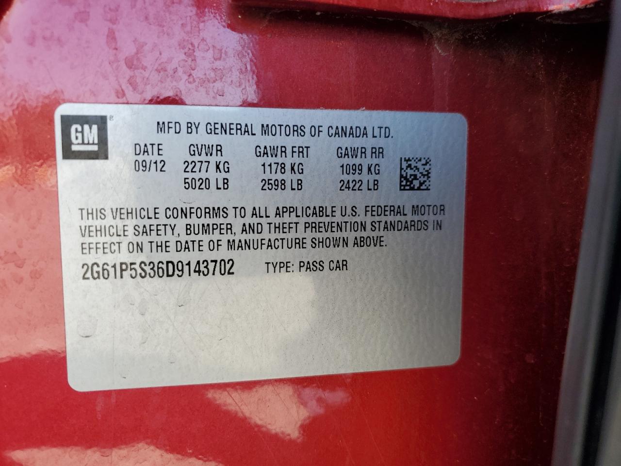 2013 Cadillac Xts Luxury Collection VIN: 2G61P5S36D9143702 Lot: 82245235