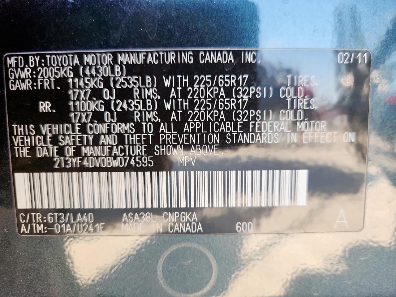 2011 Toyota Rav4 Limited VIN: 2T3YF4DV0BW074595 Lot: 85149135