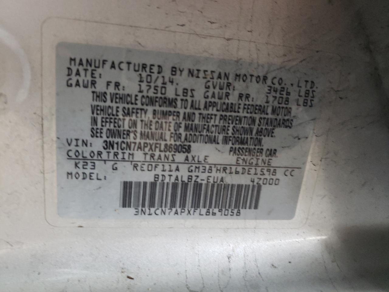 2015 Nissan Versa S VIN: 3N1CN7APXFL869058 Lot: 82336565