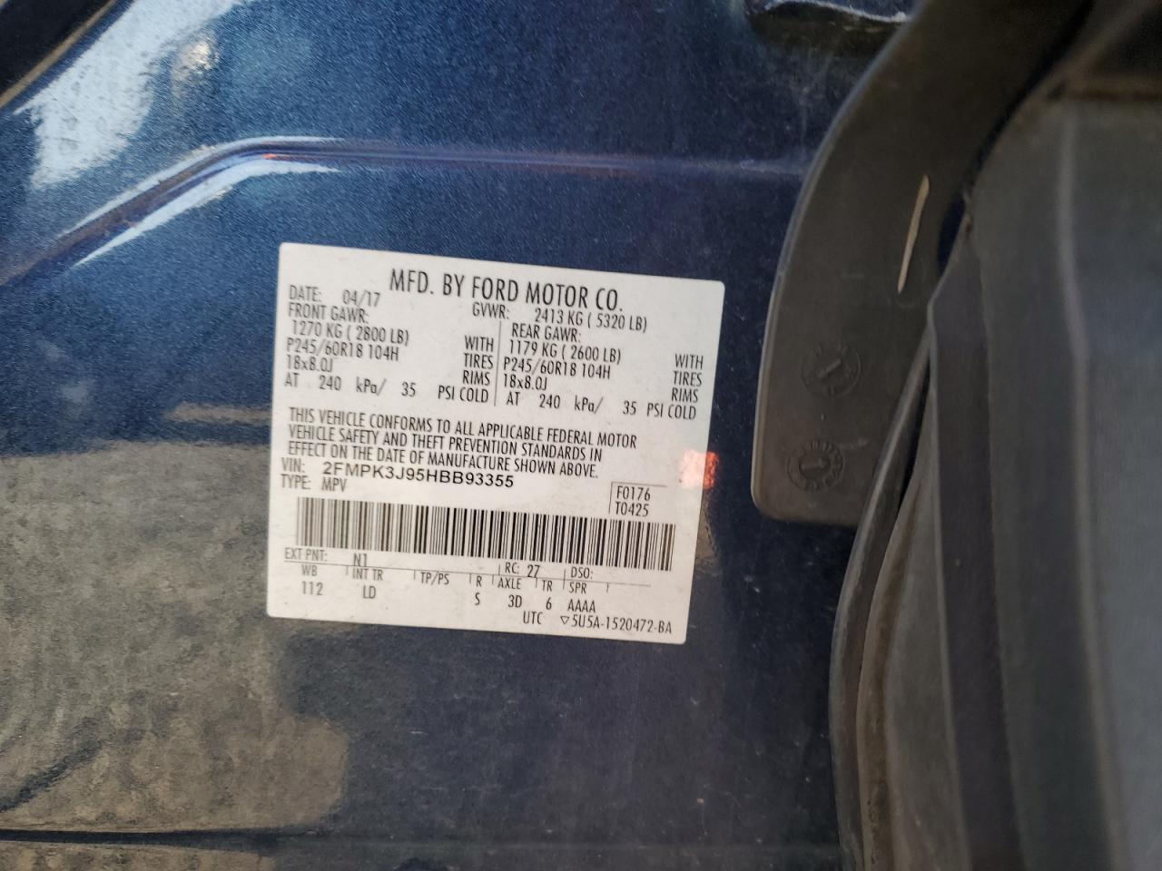 2017 Ford Edge Sel VIN: 2FMPK3J95HBB93355 Lot: 84766965