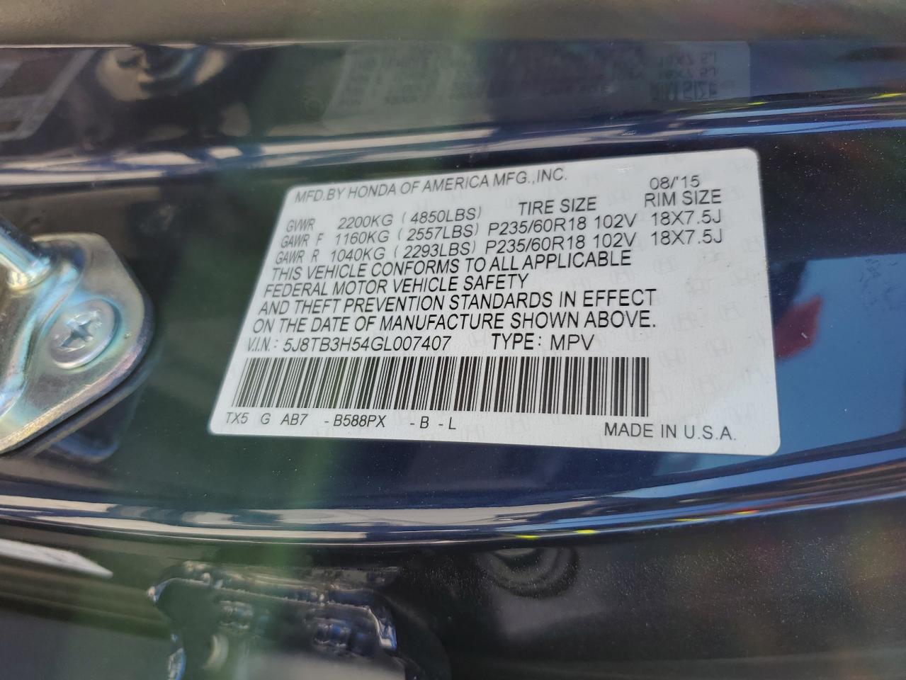 2016 Acura Rdx Technology VIN: 5J8TB3H54GL007407 Lot: 81911775