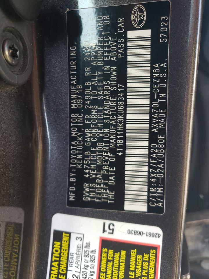 2019 Toyota Camry L VIN: 4T1B11HK3KU683417 Lot: 81187265
