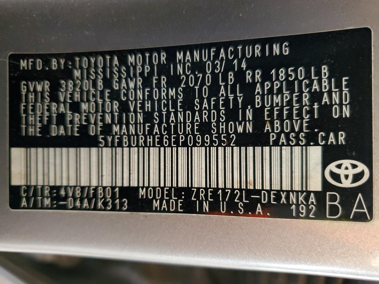 2014 Toyota Corolla L VIN: 5YFBURHE6EP099552 Lot: 85737805