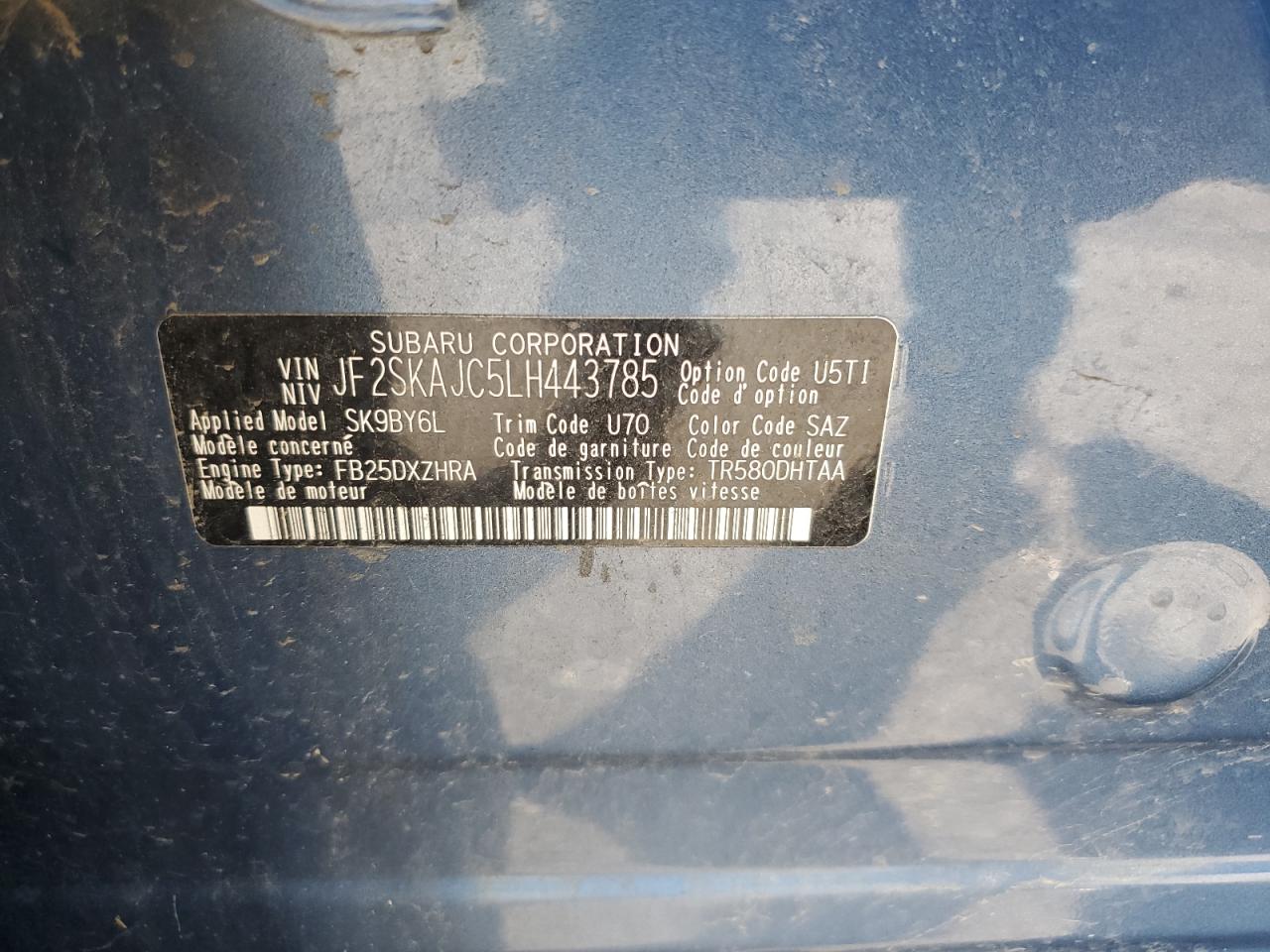 2020 Subaru Forester Premium VIN: JF2SKAJC5LH443785 Lot: 85946145