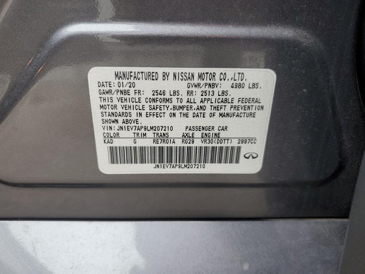 2020 Infiniti Q50 Pure VIN: JN1EV7AP9LM207210 Lot: 91832665