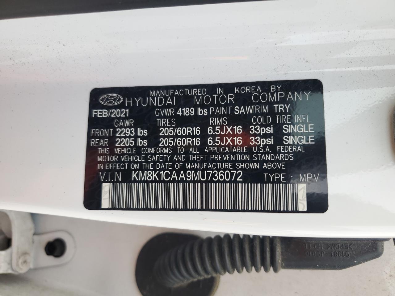 2021 Hyundai Kona Se VIN: KM8K1CAA9MU736072 Lot: 85555185