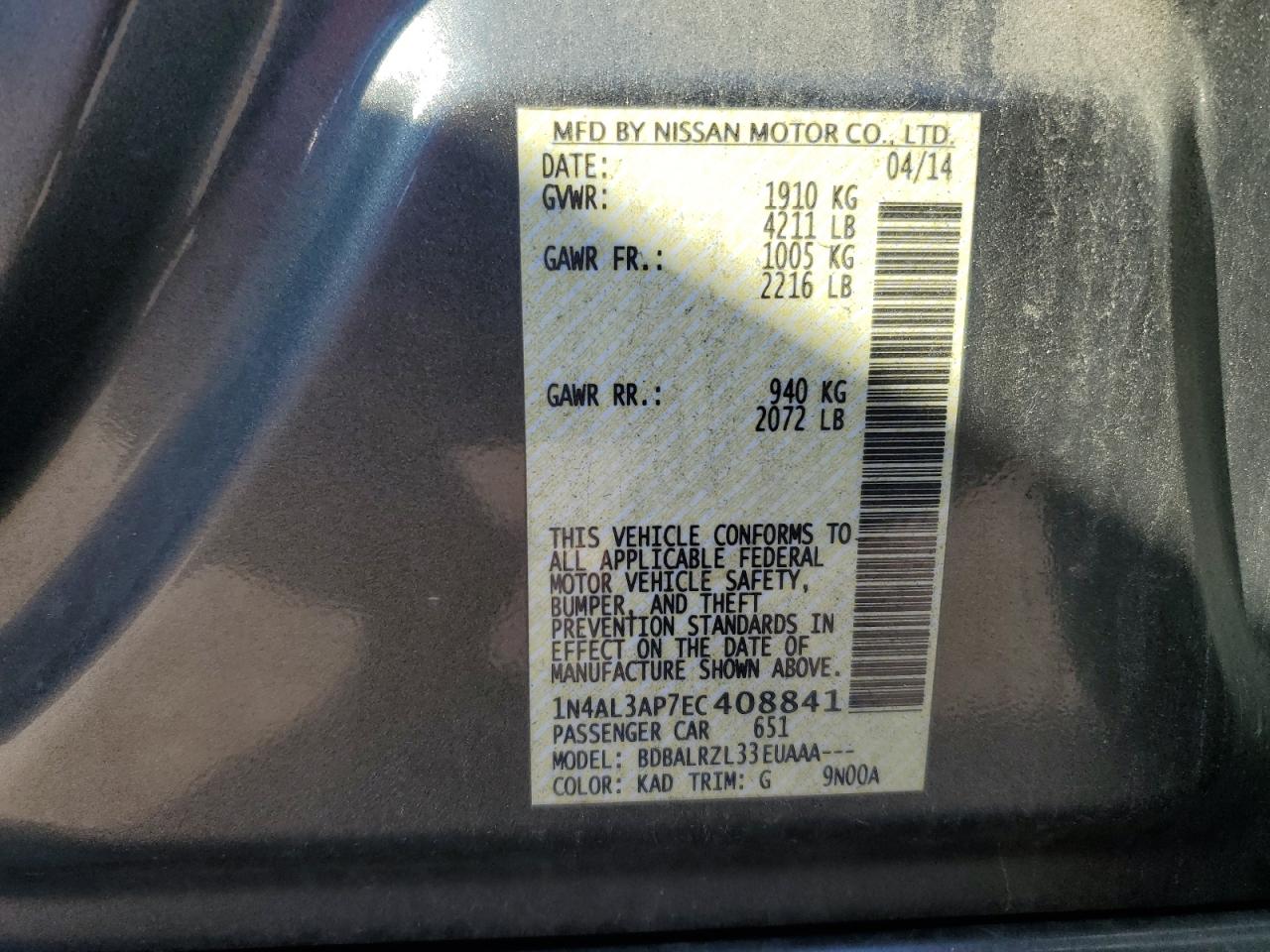 2014 Nissan Altima 2.5 VIN: 1N4AL3AP7EC408841 Lot: 82383885