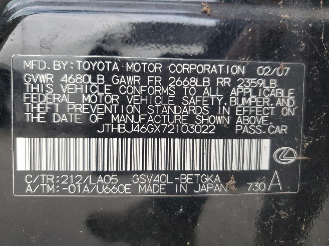 2007 Lexus Es 350 VIN: JTHBJ46GX72103022 Lot: 86191575