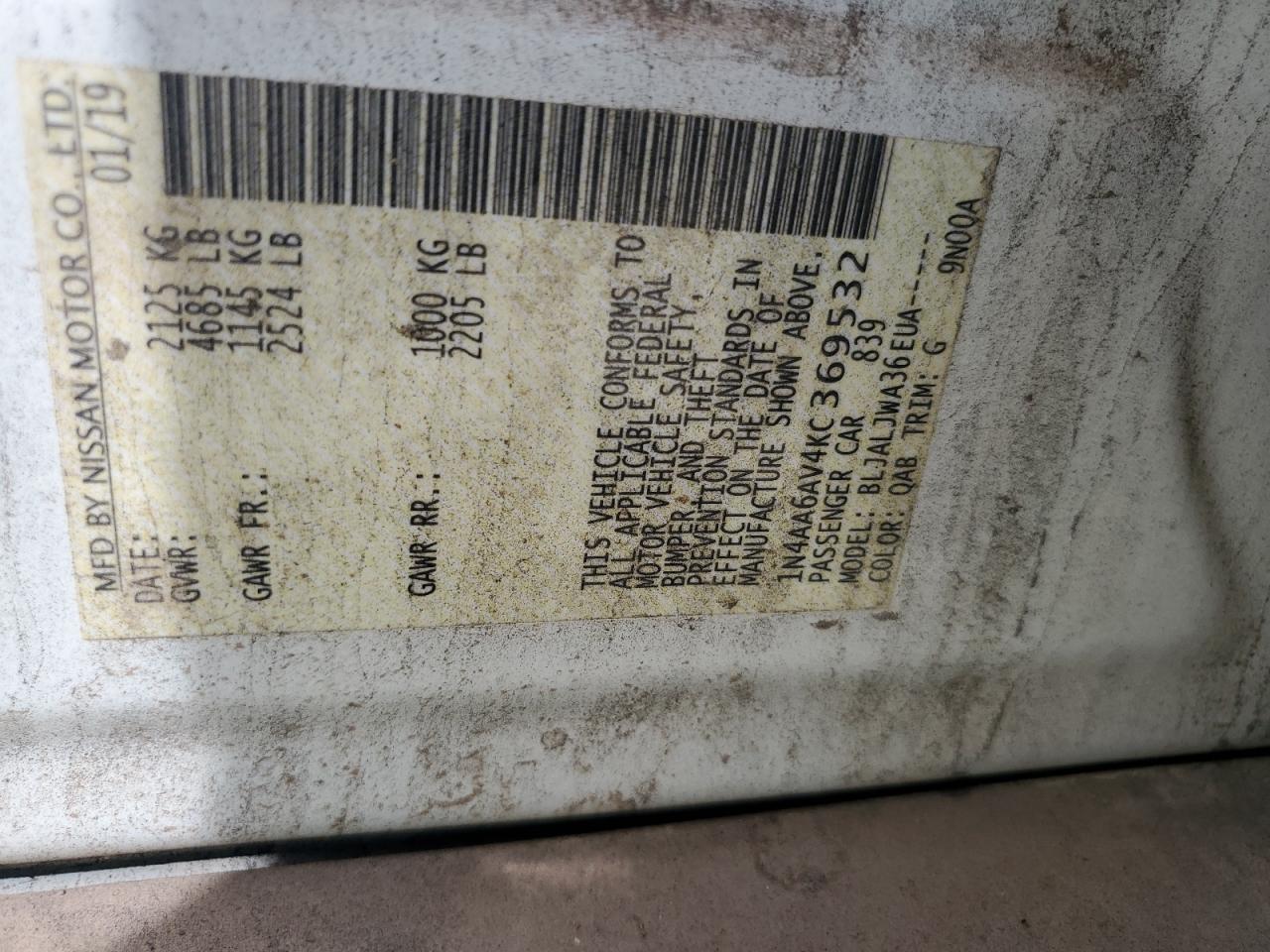 2019 Nissan Maxima S VIN: 1N4AA6AV4KC369532 Lot: 82477185