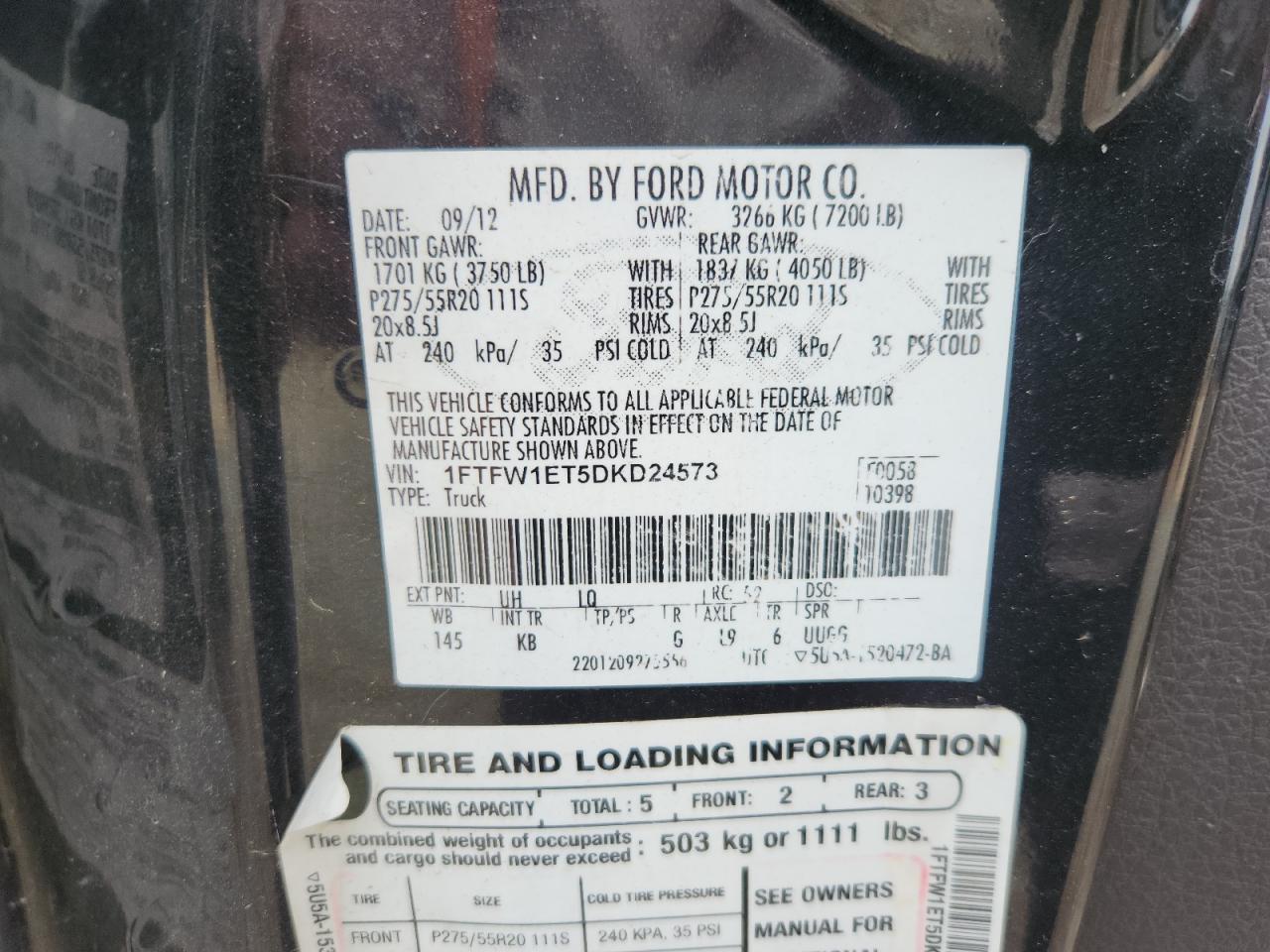 2013 Ford F150 Supercrew VIN: 1FTFW1ET5DKD24573 Lot: 85761085