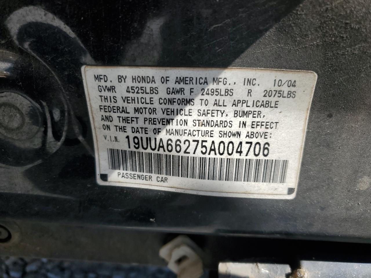 2005 Acura Tl VIN: 19UUA66275A004706 Lot: 82391085