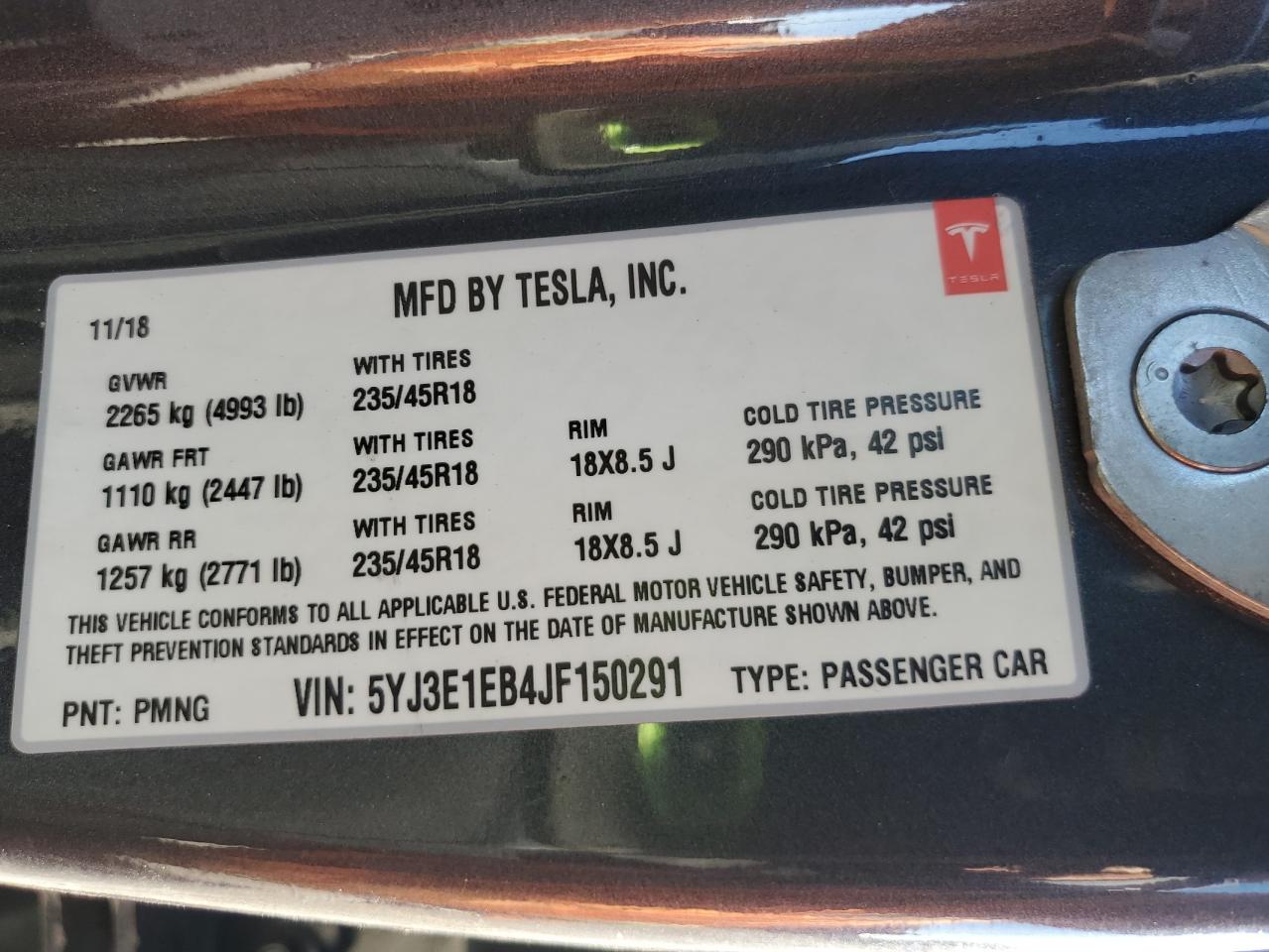 2018 Tesla Model 3 VIN: 5YJ3E1EB4JF150291 Lot: 85408095