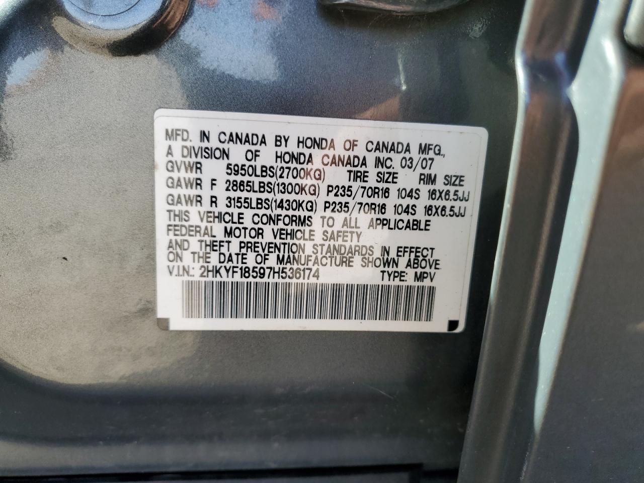 2007 Honda Pilot Exl VIN: 2HKYF18597H536174 Lot: 84874095