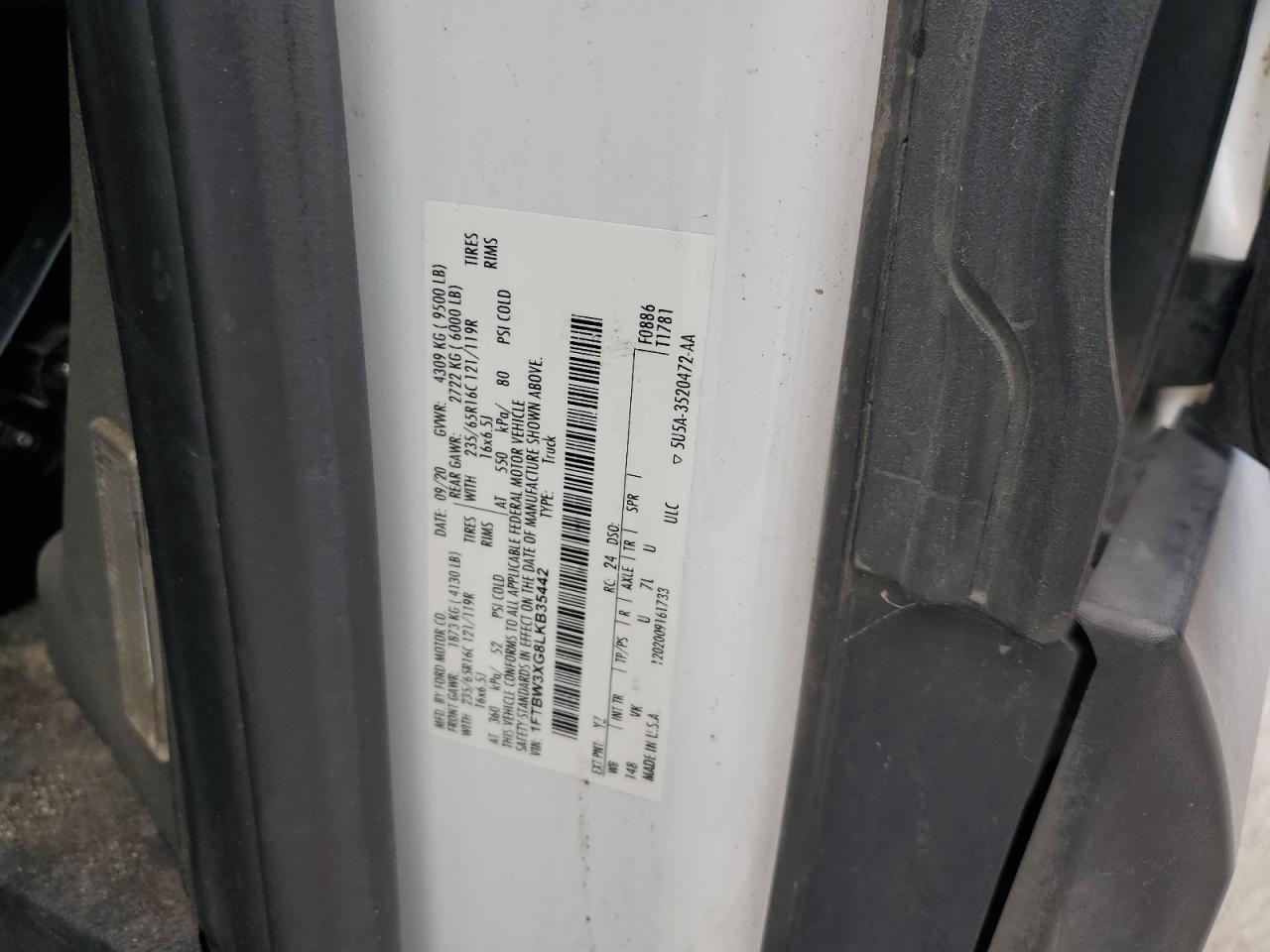 2020 Ford Transit T-350 VIN: 1FTBW3XG8LKB35442 Lot: 85202965