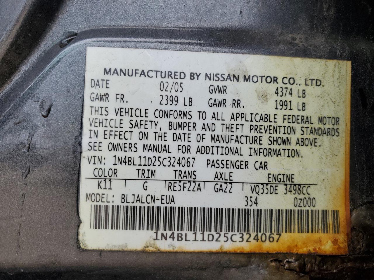 2005 Nissan Altima Se VIN: 1N4BL11D25C324067 Lot: 86434515