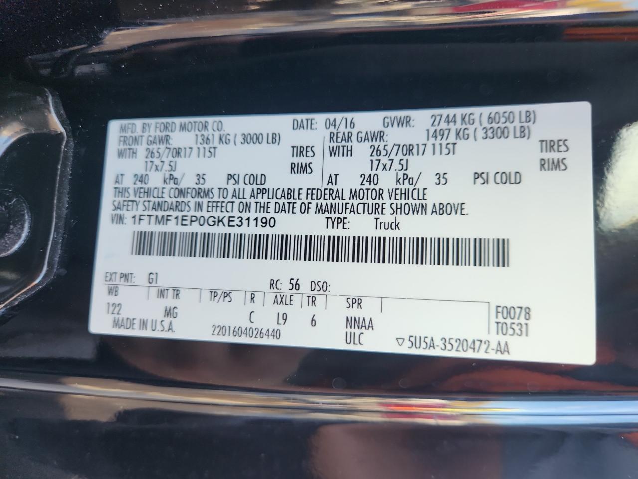 2016 Ford F150 VIN: 1FTMF1EP0GKE31190 Lot: 89527675