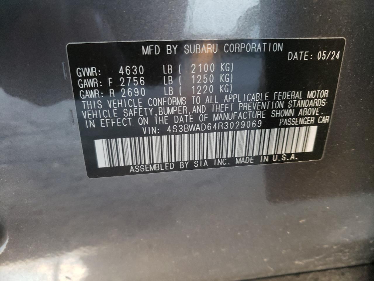 2024 Subaru Legacy Premium VIN: 4S3BWAD64R3029069 Lot: 85873845