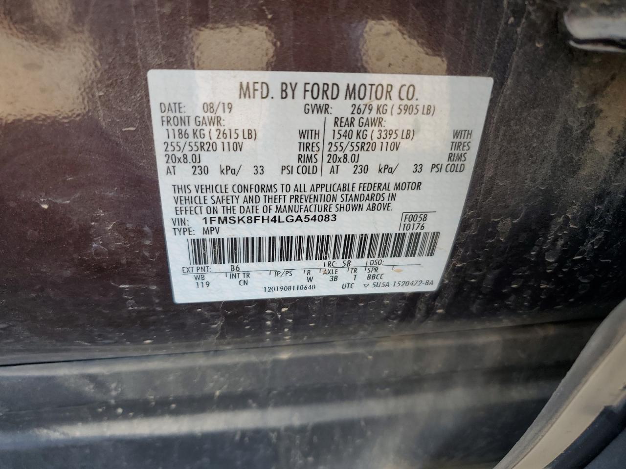 2020 Ford Explorer Limited VIN: 1FMSK8FH4LGA54083 Lot: 85124585