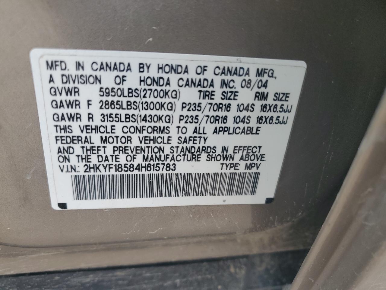 2004 Honda Pilot Exl VIN: 2HKYF18584H615783 Lot: 82403825